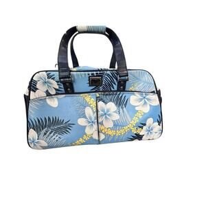 Vintage ROXY Blue White Floral Print Leather Rolling Duffle Bag